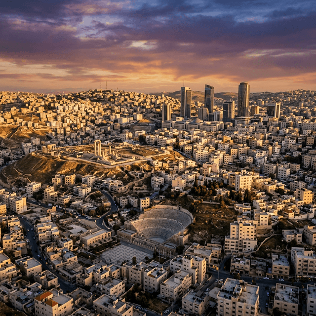 Amman, Jordan — aerial cityscape at golden hour